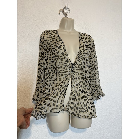 Y2K 90s David Warren New York Leopard Print Silk Blouse Top Open Front Size 16 - Picture 3 of 9